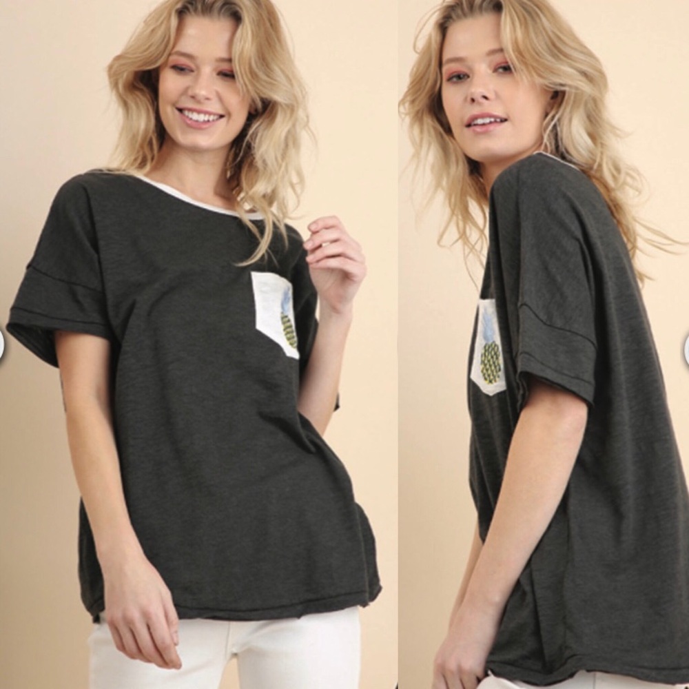 New Umgee Ash Grey Pineapple Pocket Tee